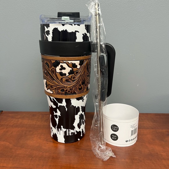 Myra Bag Other - Insulated Cowhide Pattern Travel Tumbler with Brown Leather Wrap